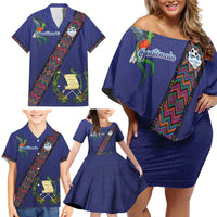 Custom Guatemala Football Family Matching Off Shoulder Short Dress and Hawaiian Shirt Los Chapines Blue Version - Wonder Print Shop