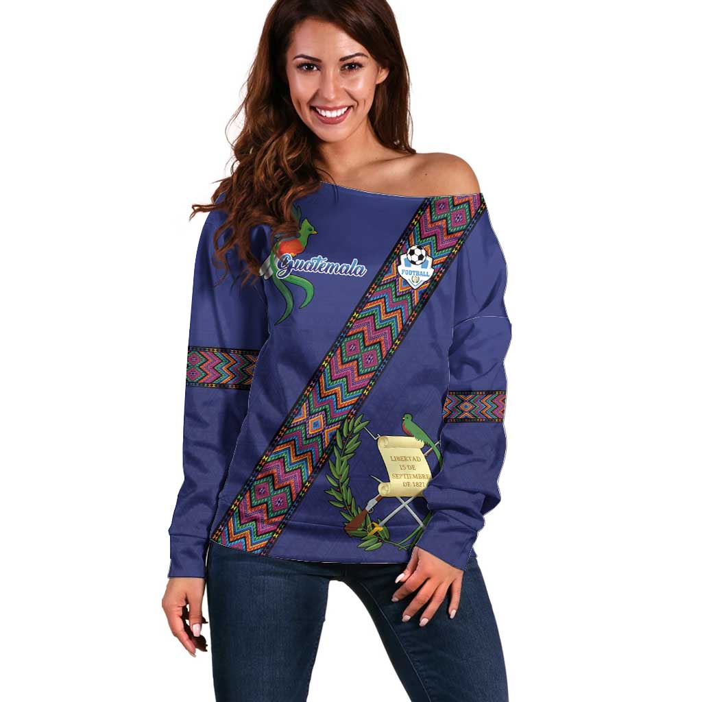 Custom Guatemala Football Off Shoulder Sweater Los Chapines Blue Version - Wonder Print Shop