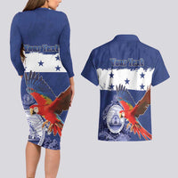 Honduras Independence Day Couples Matching Long Sleeve Bodycon Dress and Hawaiian Shirt Scarlet Macaw Flag Style - Wonder Print Shop