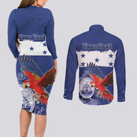 Honduras Independence Day Couples Matching Long Sleeve Bodycon Dress and Long Sleeve Button Shirt Scarlet Macaw Flag Style - Wonder Print Shop