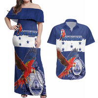Honduras Independence Day Couples Matching Off Shoulder Maxi Dress and Hawaiian Shirt Scarlet Macaw Flag Style - Wonder Print Shop