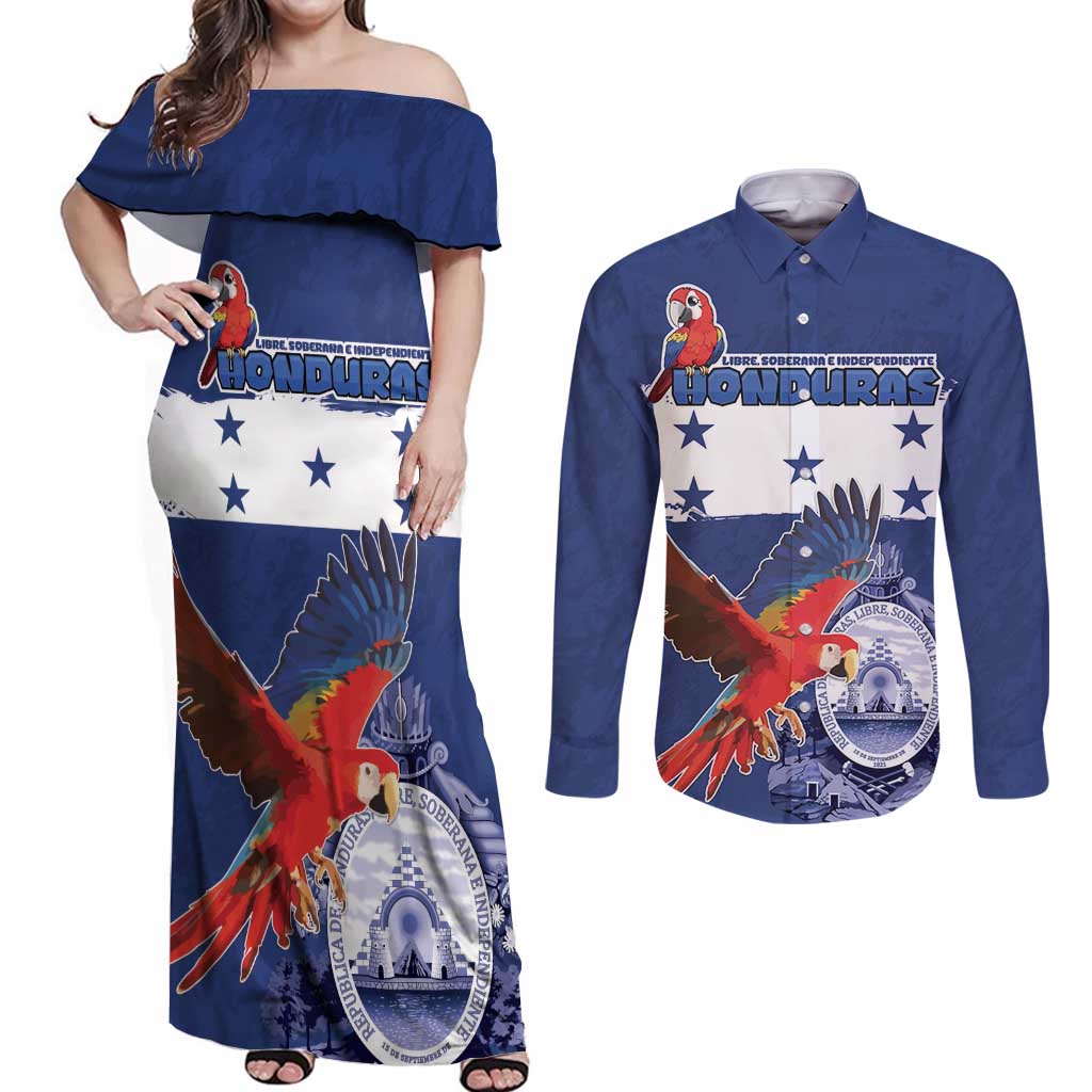 Honduras Independence Day Couples Matching Off Shoulder Maxi Dress and Long Sleeve Button Shirt Scarlet Macaw Flag Style - Wonder Print Shop