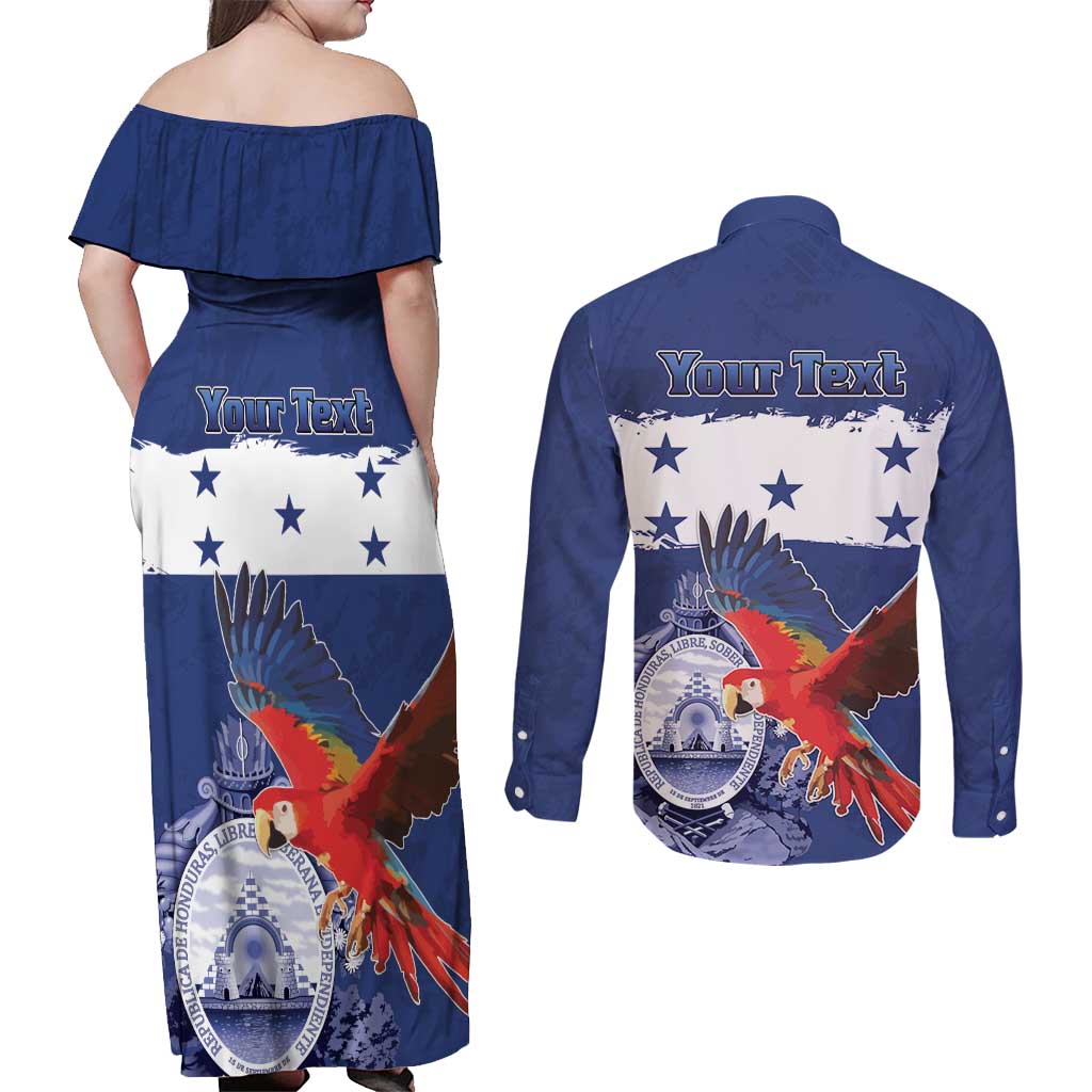 Honduras Independence Day Couples Matching Off Shoulder Maxi Dress and Long Sleeve Button Shirt Scarlet Macaw Flag Style - Wonder Print Shop