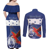 Honduras Independence Day Couples Matching Off Shoulder Maxi Dress and Long Sleeve Button Shirt Scarlet Macaw Flag Style - Wonder Print Shop