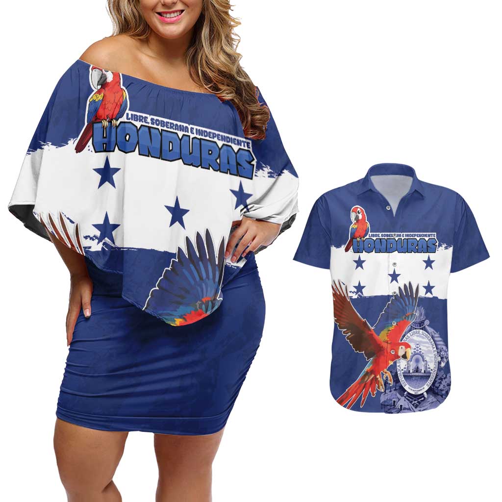 Honduras Independence Day Couples Matching Off Shoulder Short Dress and Hawaiian Shirt Scarlet Macaw Flag Style - Wonder Print Shop
