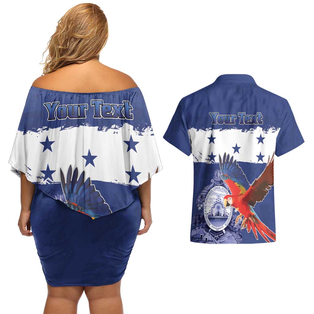 Honduras Independence Day Couples Matching Off Shoulder Short Dress and Hawaiian Shirt Scarlet Macaw Flag Style - Wonder Print Shop