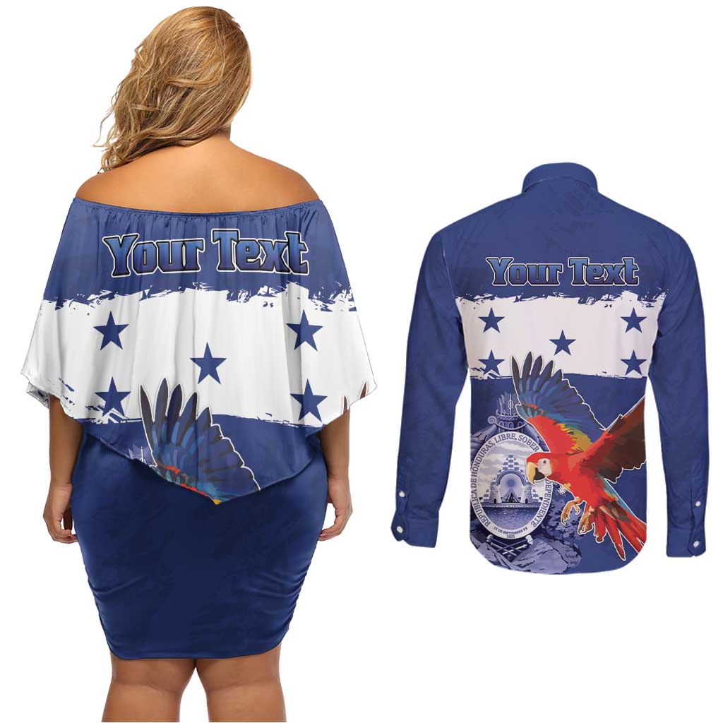 Honduras Independence Day Couples Matching Off Shoulder Short Dress and Long Sleeve Button Shirt Scarlet Macaw Flag Style - Wonder Print Shop