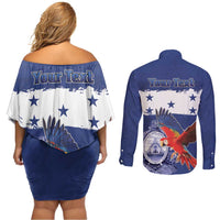 Honduras Independence Day Couples Matching Off Shoulder Short Dress and Long Sleeve Button Shirt Scarlet Macaw Flag Style - Wonder Print Shop
