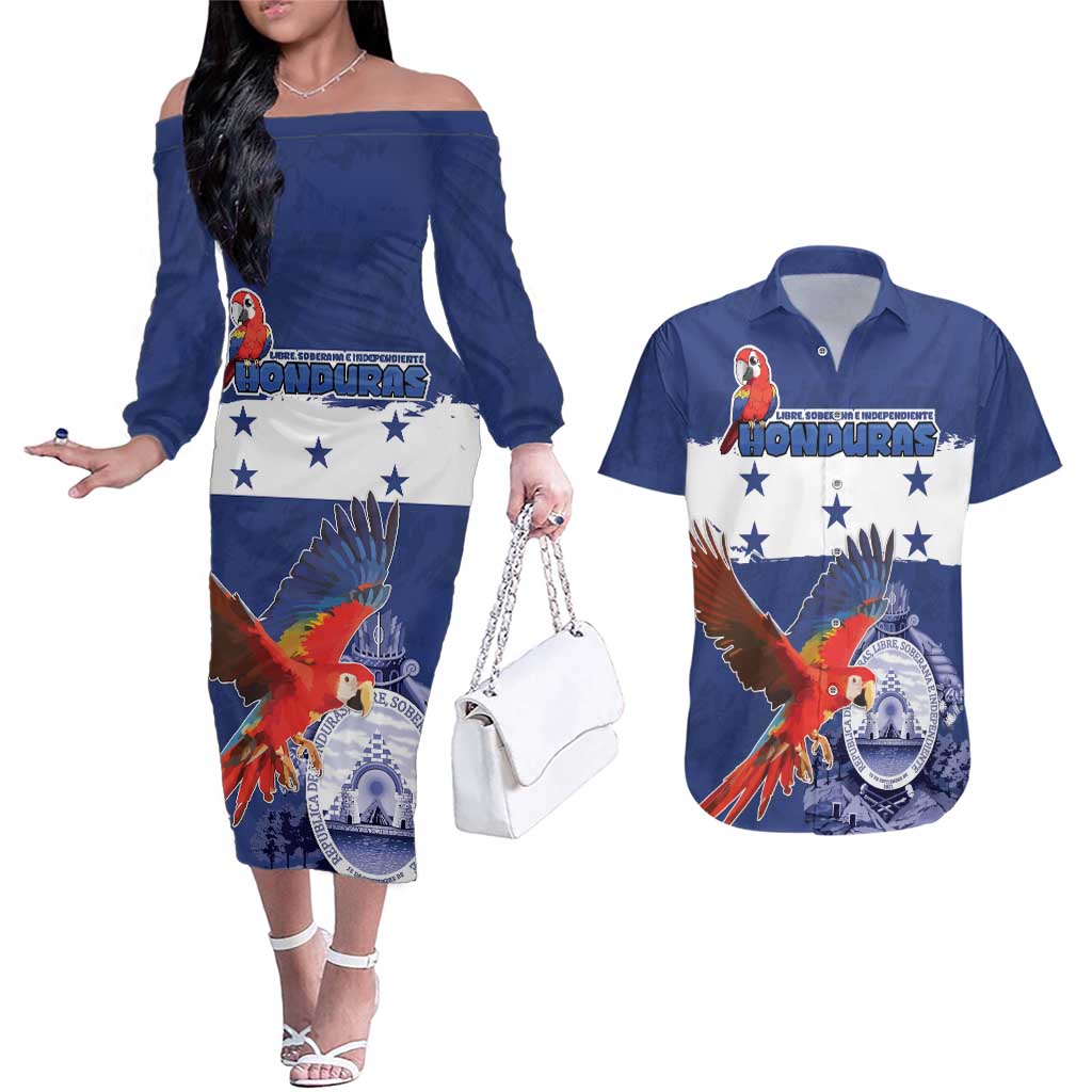 Honduras Independence Day Couples Matching Off The Shoulder Long Sleeve Dress and Hawaiian Shirt Scarlet Macaw Flag Style - Wonder Print Shop
