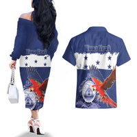 Honduras Independence Day Couples Matching Off The Shoulder Long Sleeve Dress and Hawaiian Shirt Scarlet Macaw Flag Style - Wonder Print Shop
