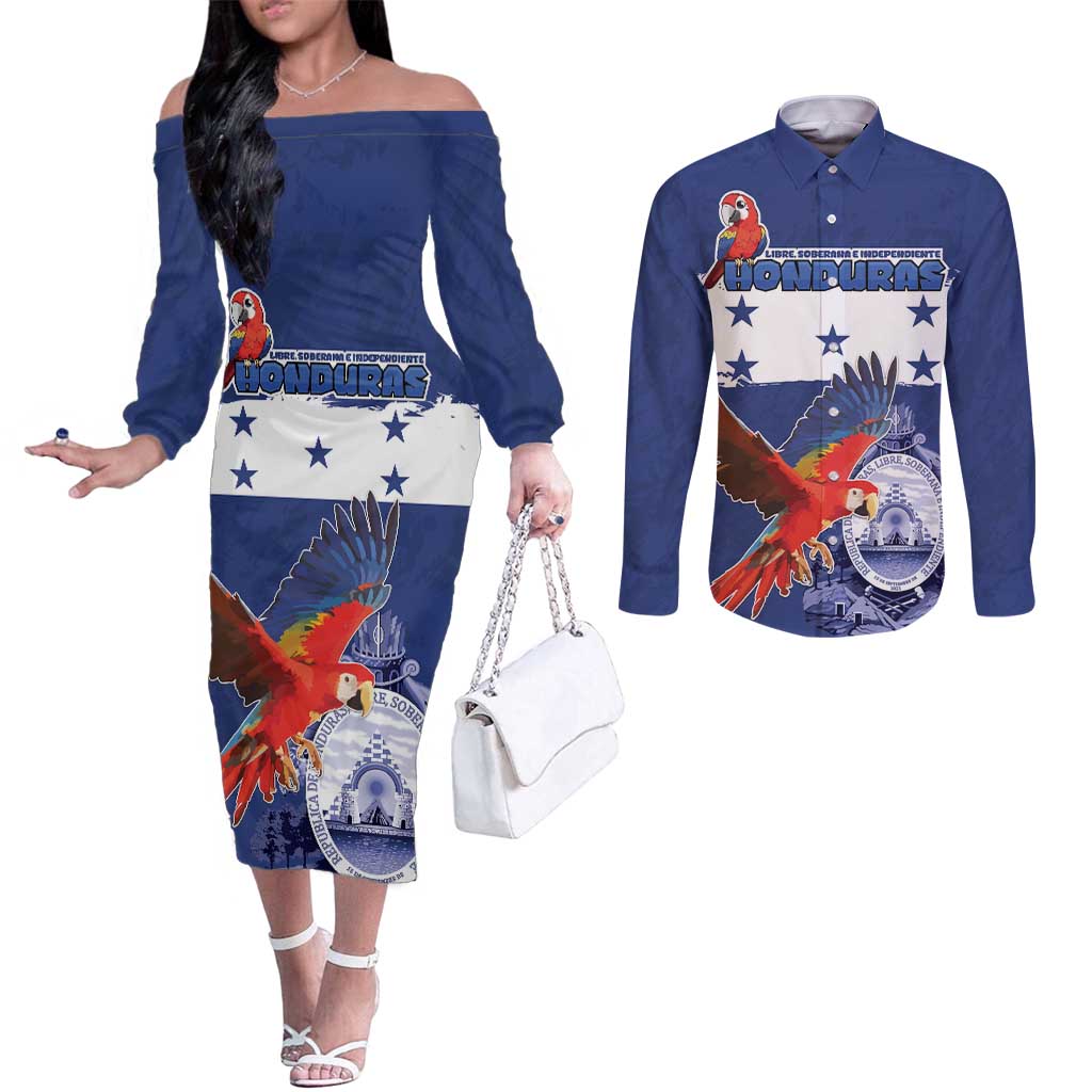 Honduras Independence Day Couples Matching Off The Shoulder Long Sleeve Dress and Long Sleeve Button Shirt Scarlet Macaw Flag Style - Wonder Print Shop