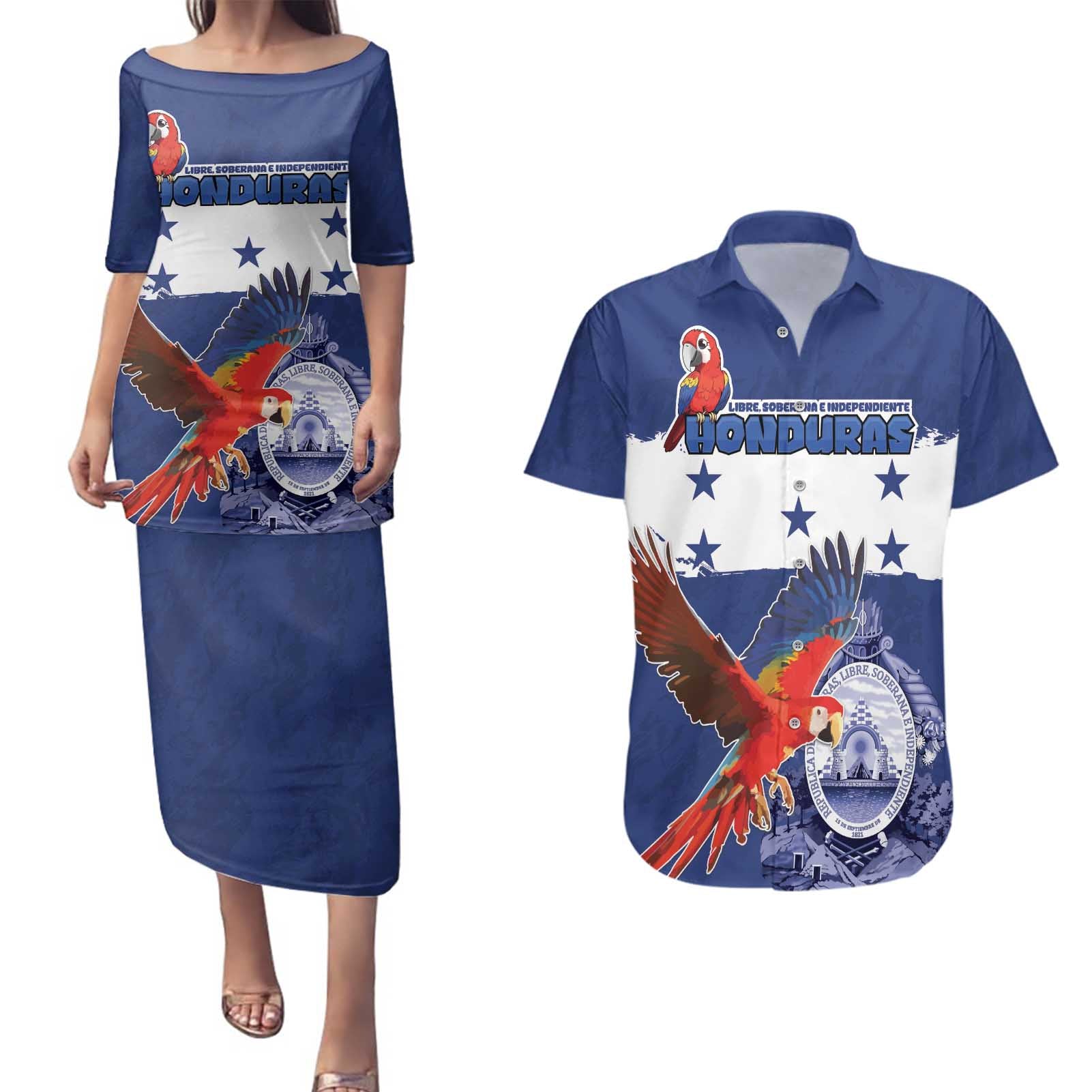 Honduras Independence Day Couples Matching Puletasi and Hawaiian Shirt Scarlet Macaw Flag Style - Wonder Print Shop