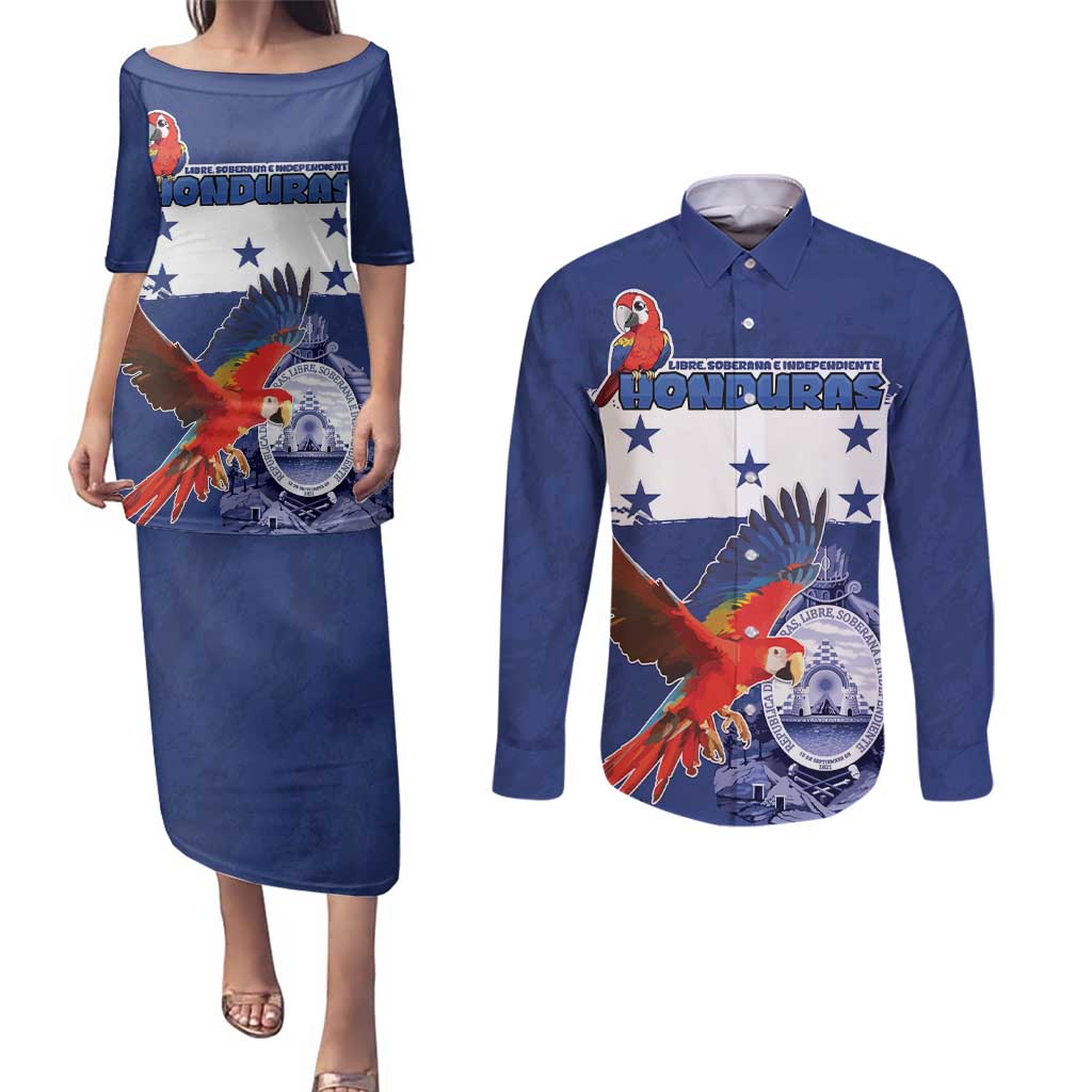 Honduras Independence Day Couples Matching Puletasi and Long Sleeve Button Shirt Scarlet Macaw Flag Style - Wonder Print Shop