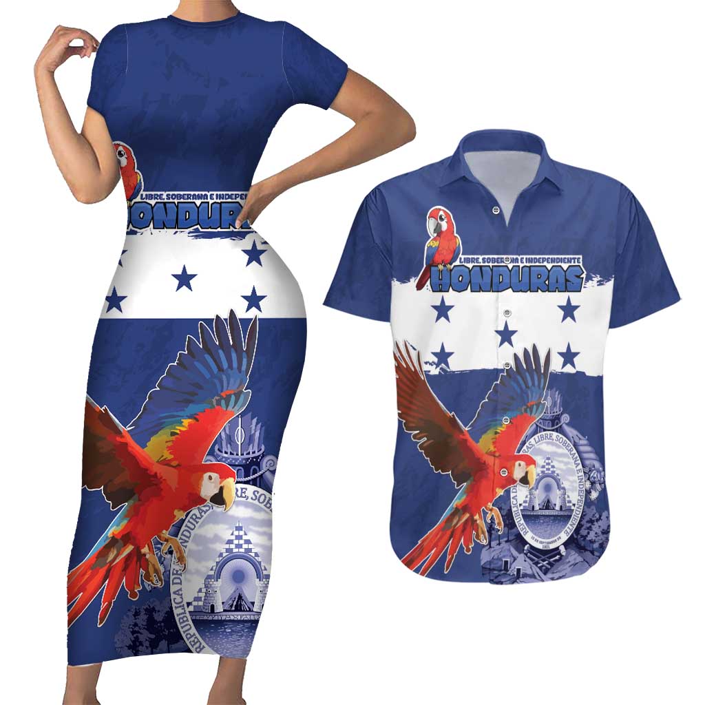 Honduras Independence Day Couples Matching Short Sleeve Bodycon Dress and Hawaiian Shirt Scarlet Macaw Flag Style - Wonder Print Shop
