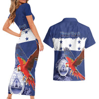 Honduras Independence Day Couples Matching Short Sleeve Bodycon Dress and Hawaiian Shirt Scarlet Macaw Flag Style - Wonder Print Shop