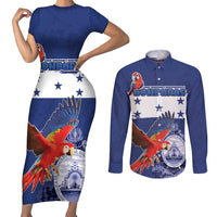 Honduras Independence Day Couples Matching Short Sleeve Bodycon Dress and Long Sleeve Button Shirt Scarlet Macaw Flag Style - Wonder Print Shop