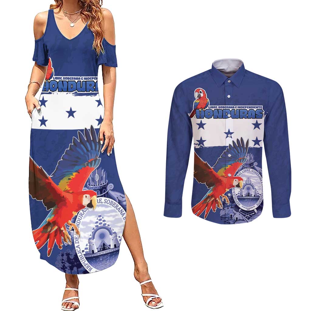 Honduras Independence Day Couples Matching Summer Maxi Dress and Long Sleeve Button Shirt Scarlet Macaw Flag Style - Wonder Print Shop