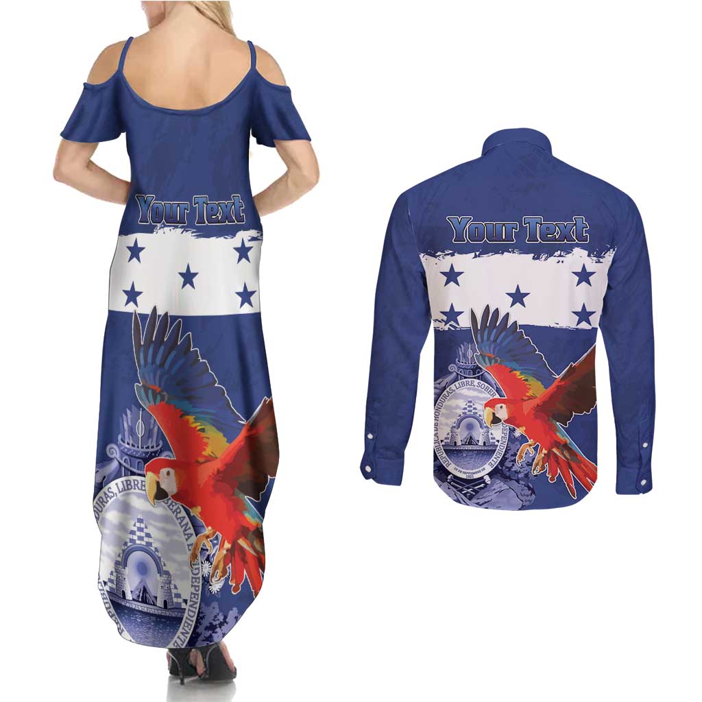 Honduras Independence Day Couples Matching Summer Maxi Dress and Long Sleeve Button Shirt Scarlet Macaw Flag Style - Wonder Print Shop