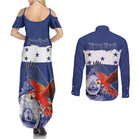 Honduras Independence Day Couples Matching Summer Maxi Dress and Long Sleeve Button Shirt Scarlet Macaw Flag Style - Wonder Print Shop