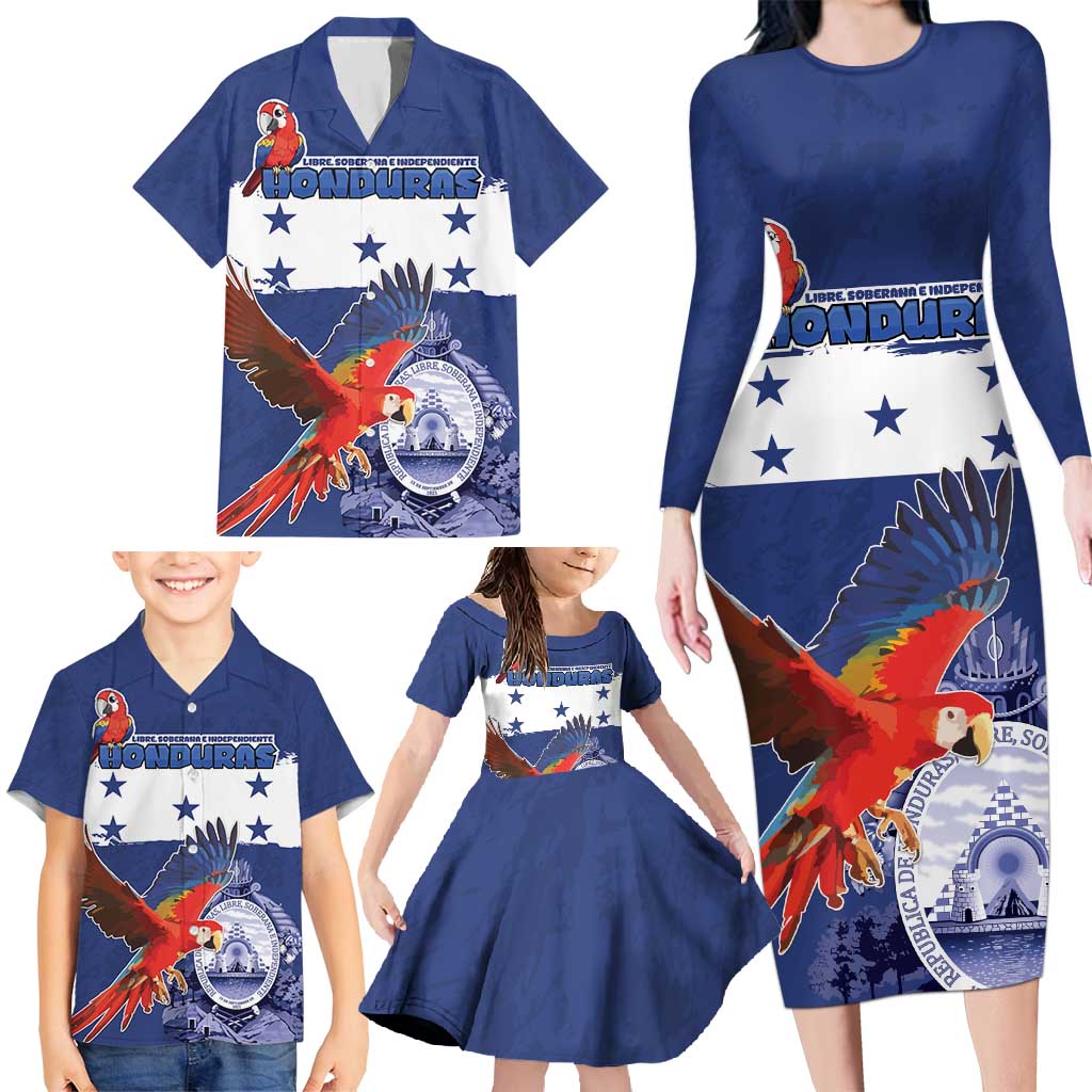 Honduras Independence Day Family Matching Long Sleeve Bodycon Dress and Hawaiian Shirt Scarlet Macaw Flag Style - Wonder Print Shop