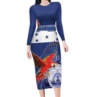Honduras Independence Day Family Matching Long Sleeve Bodycon Dress and Hawaiian Shirt Scarlet Macaw Flag Style - Wonder Print Shop