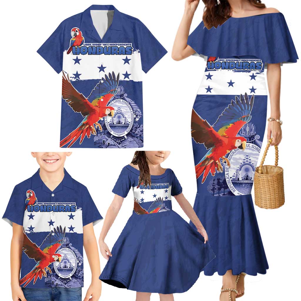 Honduras Independence Day Family Matching Mermaid Dress and Hawaiian Shirt Scarlet Macaw Flag Style - Wonder Print Shop