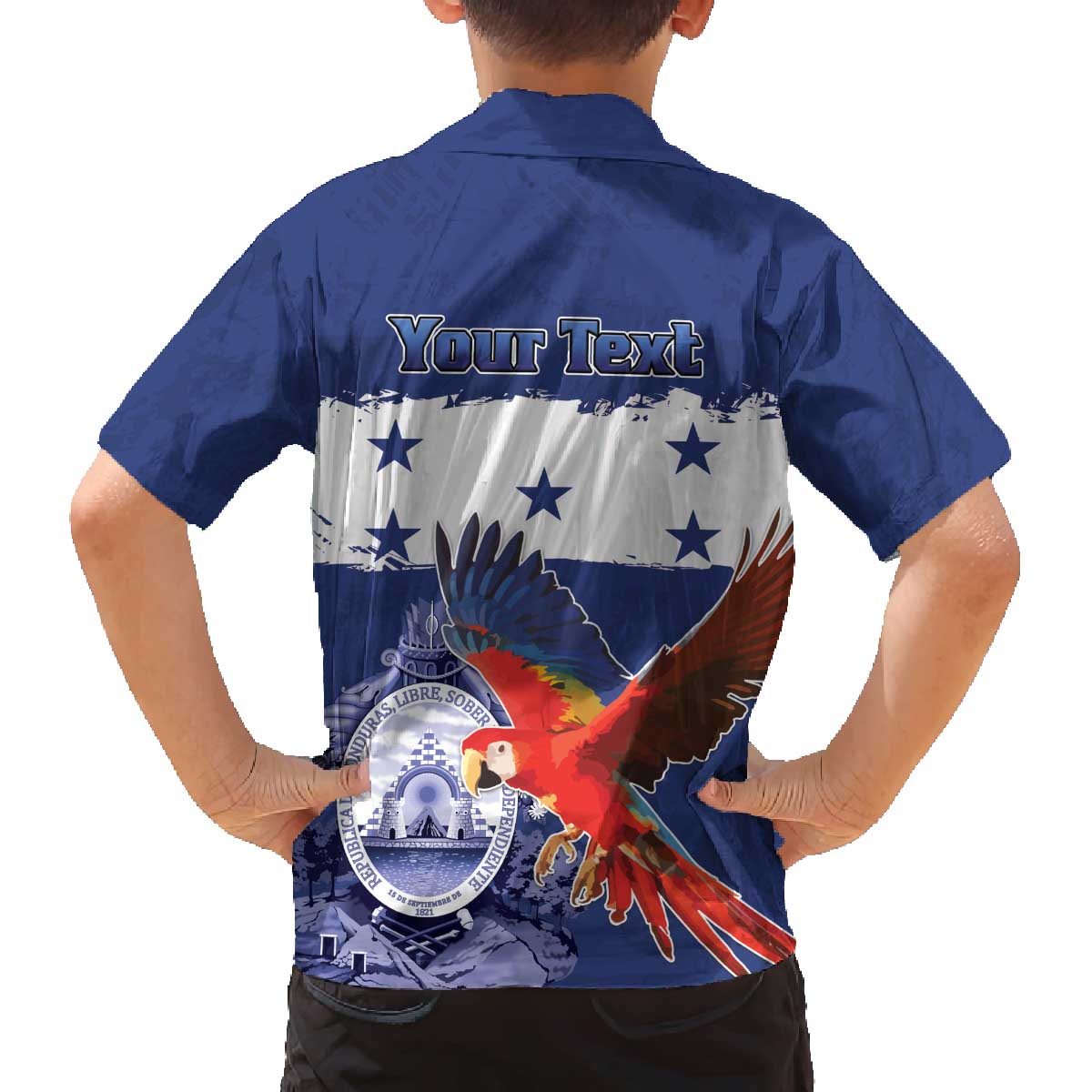 Honduras Independence Day Family Matching Off The Shoulder Long Sleeve Dress and Hawaiian Shirt Scarlet Macaw Flag Style - Wonder Print Shop
