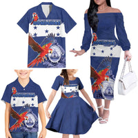 Honduras Independence Day Family Matching Off The Shoulder Long Sleeve Dress and Hawaiian Shirt Scarlet Macaw Flag Style - Wonder Print Shop