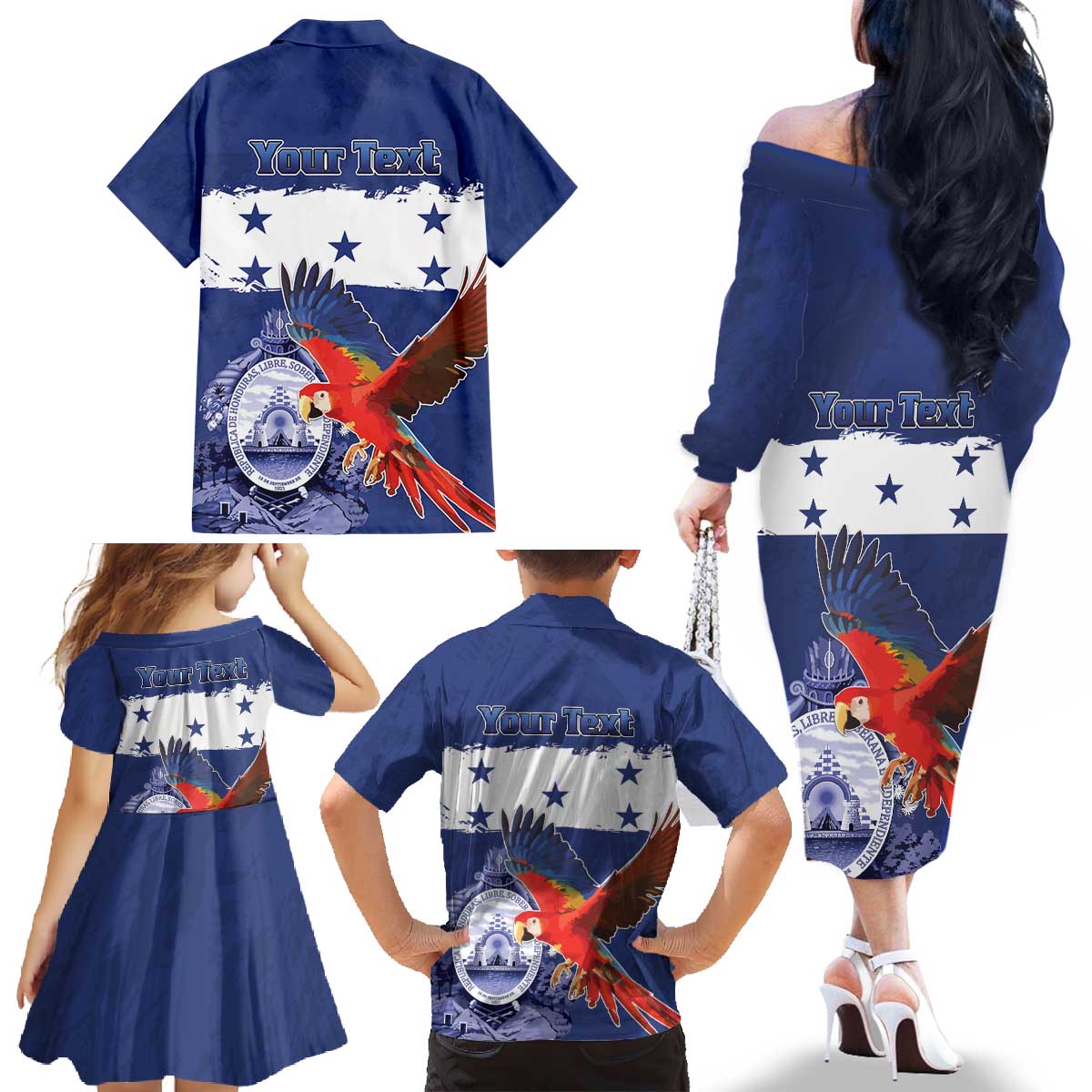 Honduras Independence Day Family Matching Off The Shoulder Long Sleeve Dress and Hawaiian Shirt Scarlet Macaw Flag Style - Wonder Print Shop