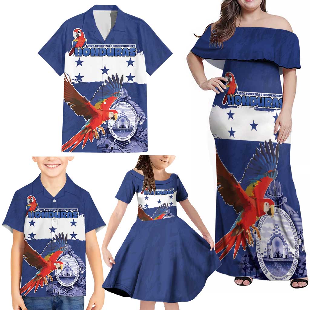 Honduras Independence Day Family Matching Off Shoulder Maxi Dress and Hawaiian Shirt Scarlet Macaw Flag Style - Wonder Print Shop
