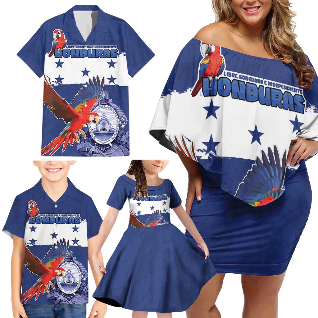 Honduras Independence Day Family Matching Off Shoulder Short Dress and Hawaiian Shirt Scarlet Macaw Flag Style - Wonder Print Shop