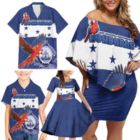 Honduras Independence Day Family Matching Off Shoulder Short Dress and Hawaiian Shirt Scarlet Macaw Flag Style - Wonder Print Shop
