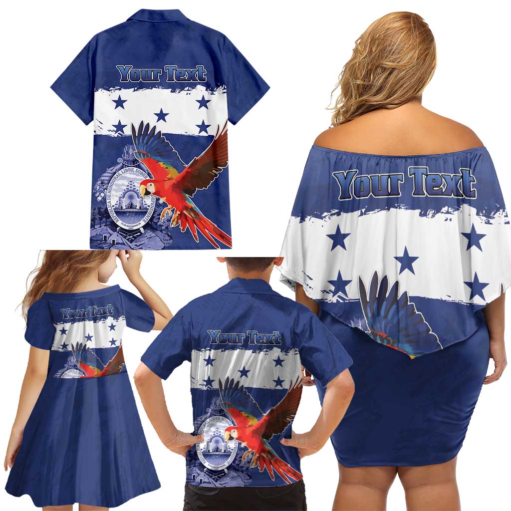 Honduras Independence Day Family Matching Off Shoulder Short Dress and Hawaiian Shirt Scarlet Macaw Flag Style - Wonder Print Shop