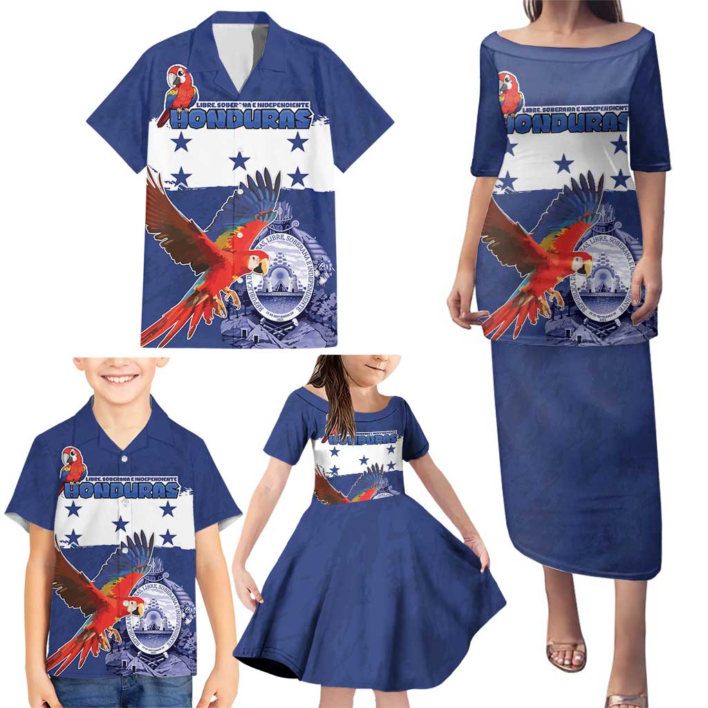 Honduras Independence Day Family Matching Puletasi and Hawaiian Shirt Scarlet Macaw Flag Style - Wonder Print Shop