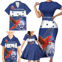 Honduras Independence Day Family Matching Short Sleeve Bodycon Dress and Hawaiian Shirt Scarlet Macaw Flag Style - Wonder Print Shop