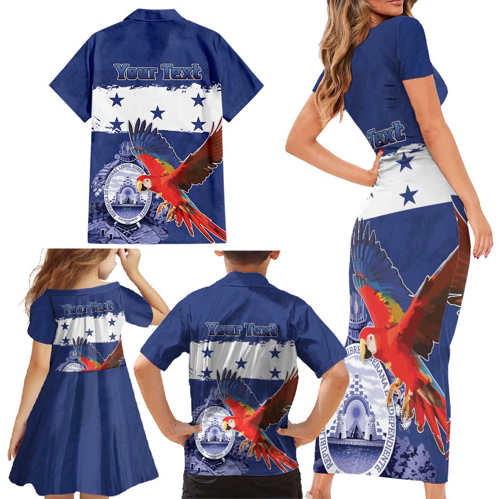 Honduras Independence Day Family Matching Short Sleeve Bodycon Dress and Hawaiian Shirt Scarlet Macaw Flag Style - Wonder Print Shop