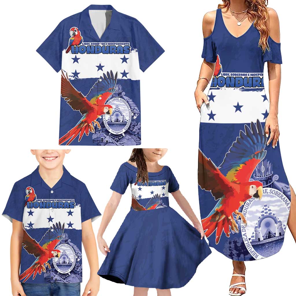 Honduras Independence Day Family Matching Summer Maxi Dress and Hawaiian Shirt Scarlet Macaw Flag Style - Wonder Print Shop