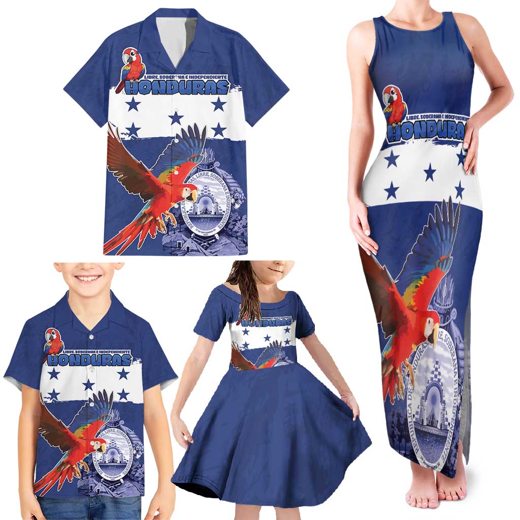 Honduras Independence Day Family Matching Tank Maxi Dress and Hawaiian Shirt Scarlet Macaw Flag Style - Wonder Print Shop
