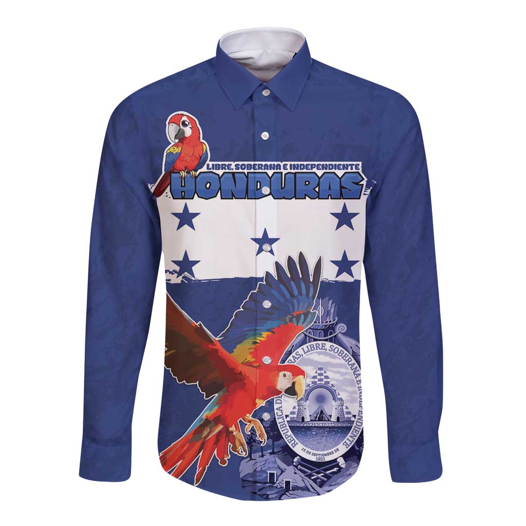 Honduras Independence Day Long Sleeve Button Shirt Scarlet Macaw Flag Style - Wonder Print Shop