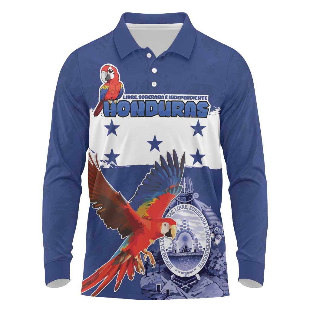 Honduras Independence Day Long Sleeve Polo Shirt Scarlet Macaw Flag Style - Wonder Print Shop