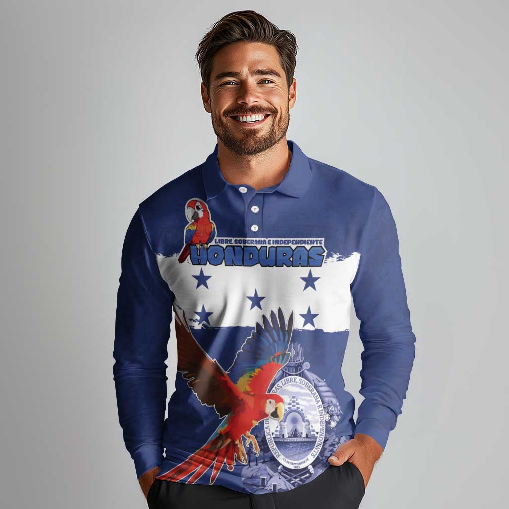 Honduras Independence Day Long Sleeve Polo Shirt Scarlet Macaw Flag Style - Wonder Print Shop