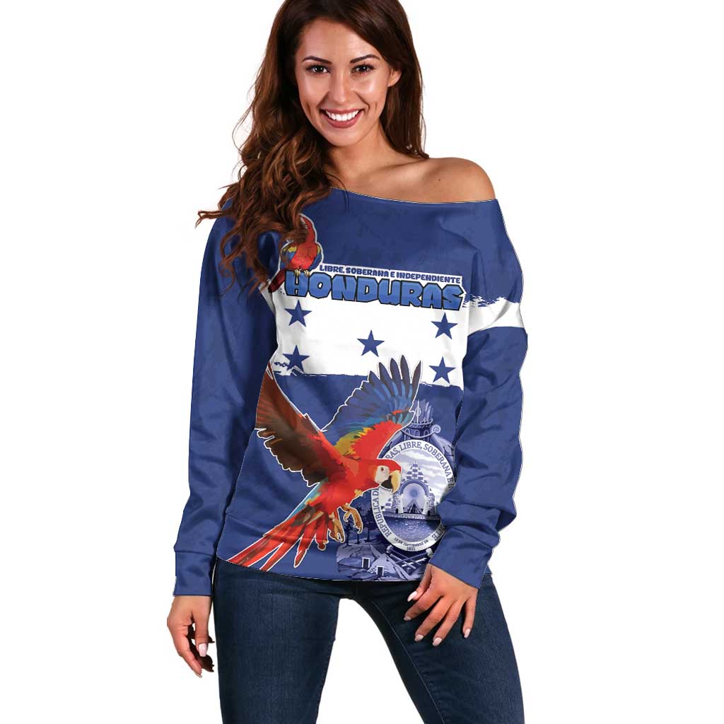 Honduras Independence Day Off Shoulder Sweater Scarlet Macaw Flag Style - Wonder Print Shop