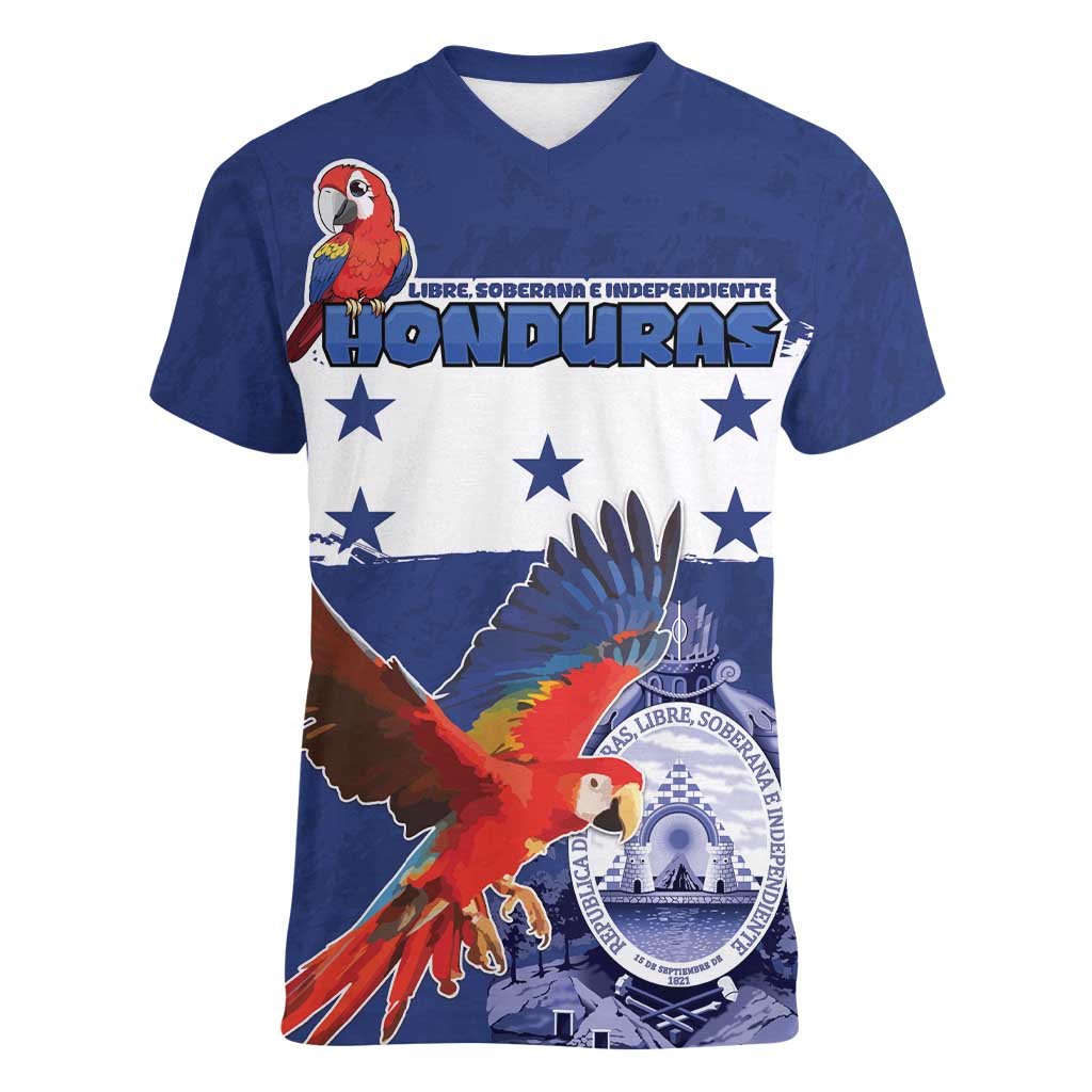 Honduras Independence Day Women V-Neck T-Shirt Scarlet Macaw Flag Style - Wonder Print Shop