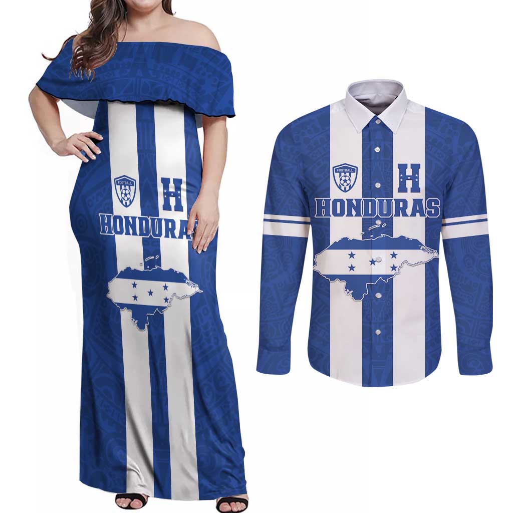 Custom Honduras Football Couples Matching Off Shoulder Maxi Dress and Long Sleeve Button Shirt La H Go Champion - Wonder Print Shop