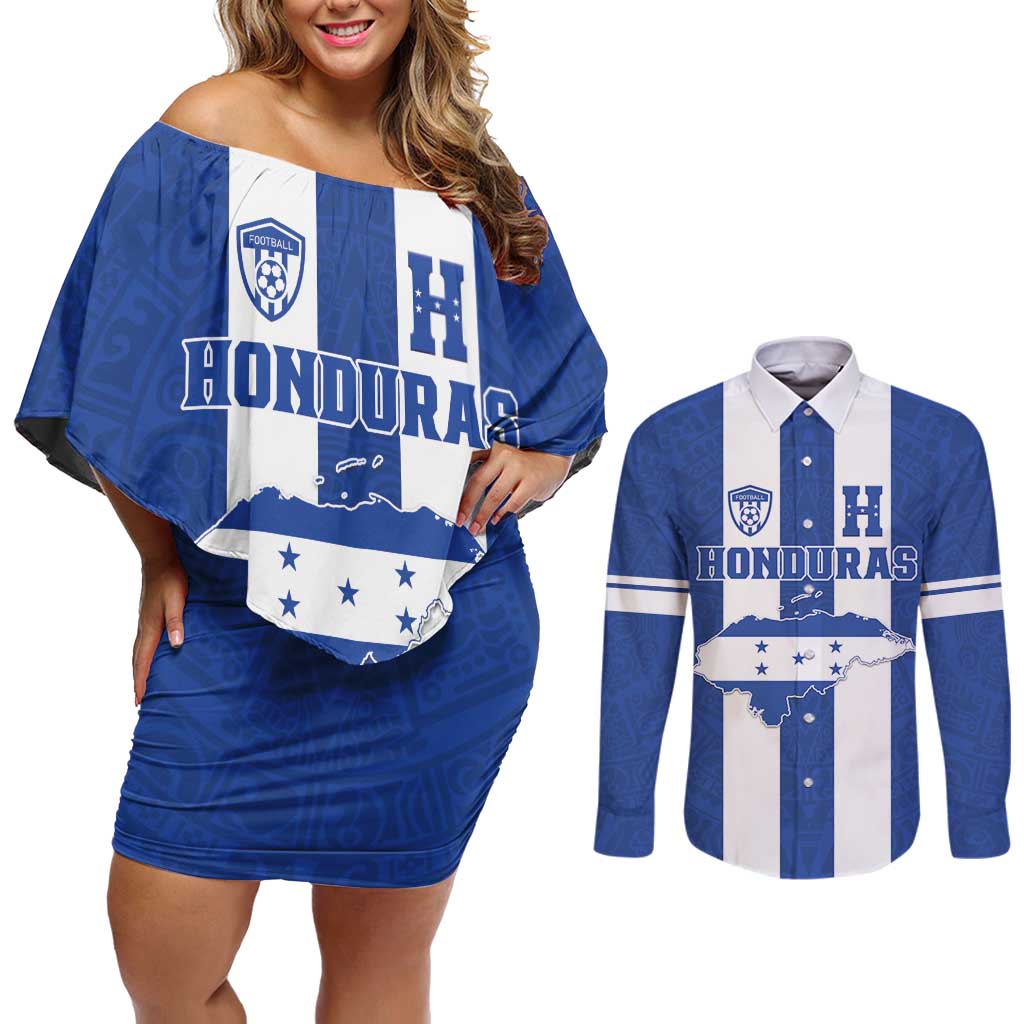 Custom Honduras Football Couples Matching Off Shoulder Short Dress and Long Sleeve Button Shirt La H Go Champion - Wonder Print Shop