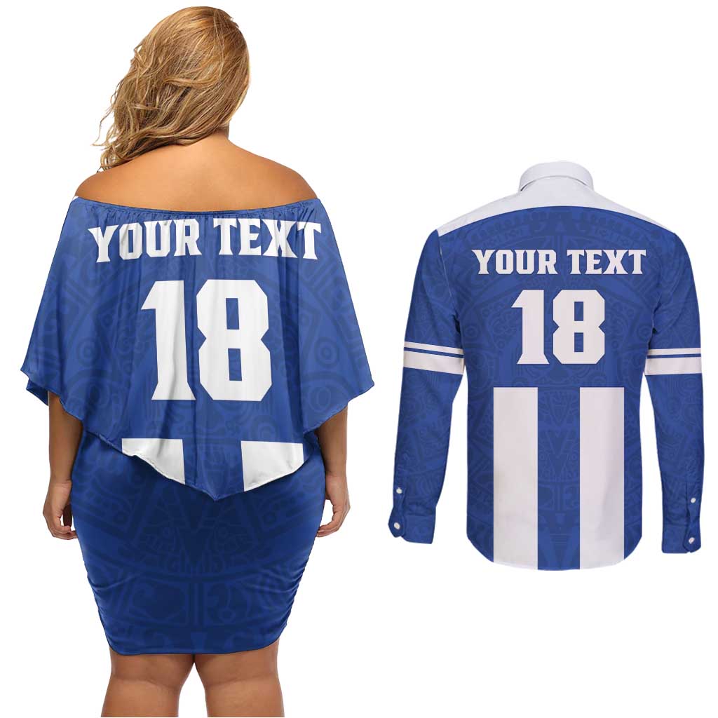 Custom Honduras Football Couples Matching Off Shoulder Short Dress and Long Sleeve Button Shirt La H Go Champion - Wonder Print Shop