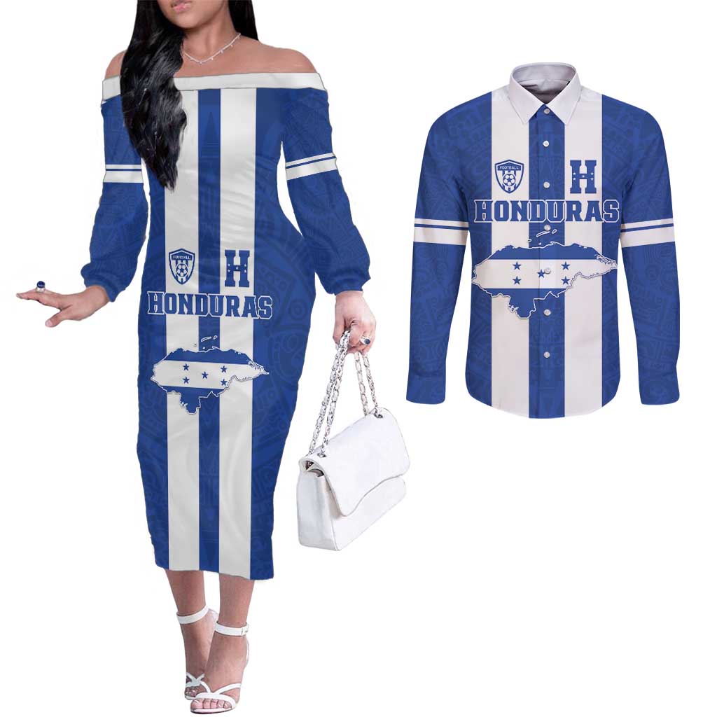 Custom Honduras Football Couples Matching Off The Shoulder Long Sleeve Dress and Long Sleeve Button Shirt La H Go Champion - Wonder Print Shop