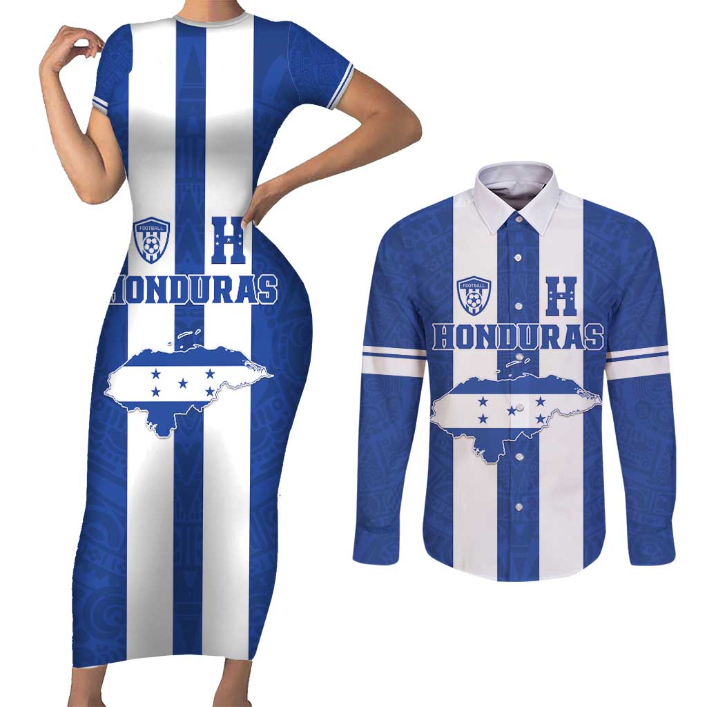 Custom Honduras Football Couples Matching Short Sleeve Bodycon Dress and Long Sleeve Button Shirt La H Go Champion - Wonder Print Shop