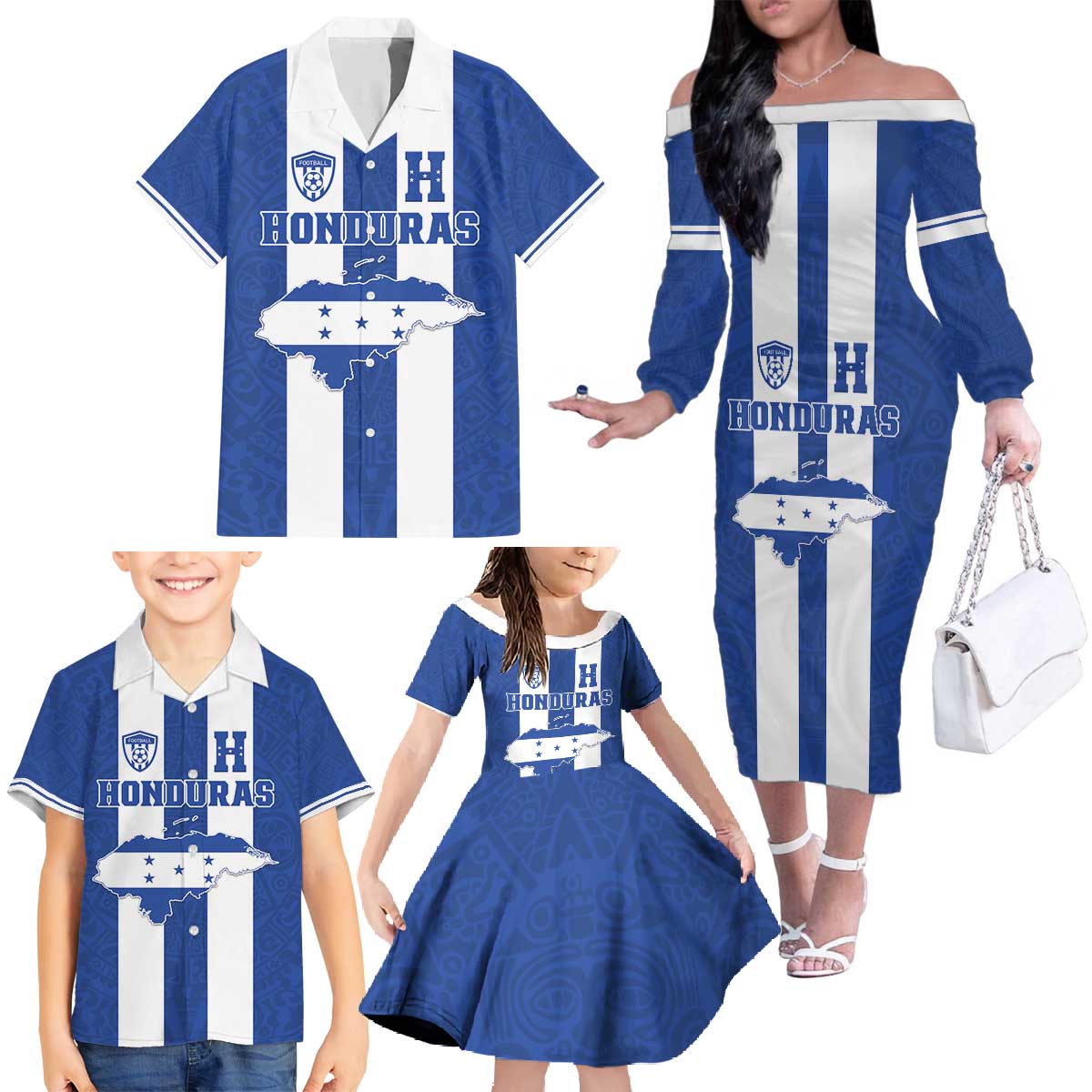 Custom Honduras Football Family Matching Off The Shoulder Long Sleeve Dress and Hawaiian Shirt La H Go Champion - Wonder Print Shop