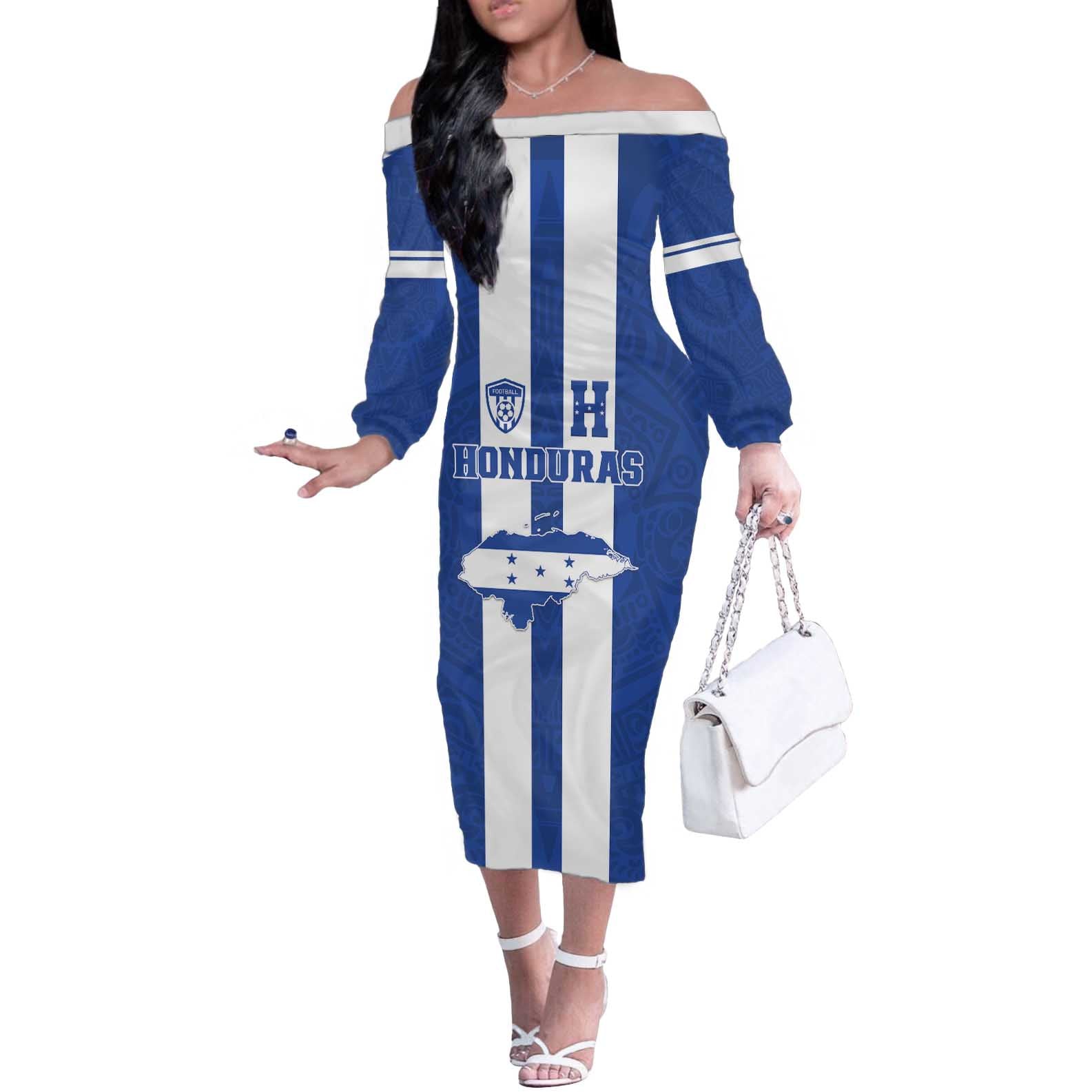 Custom Honduras Football Off The Shoulder Long Sleeve Dress La H Go Champion - Wonder Print Shop
